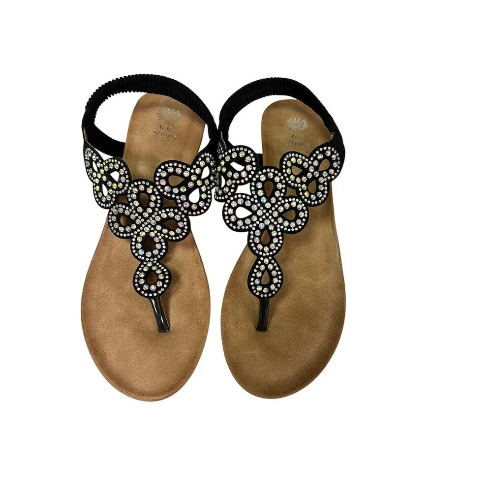 G.C. Shoes Madelyn Wedge Sandals Womens 8.5 Black Rhinestone T-Strap Thong